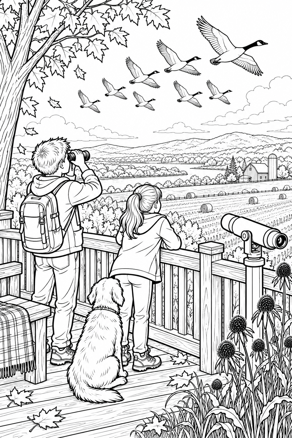 Coloriage Terrasse d'observation des oiseaux — automne