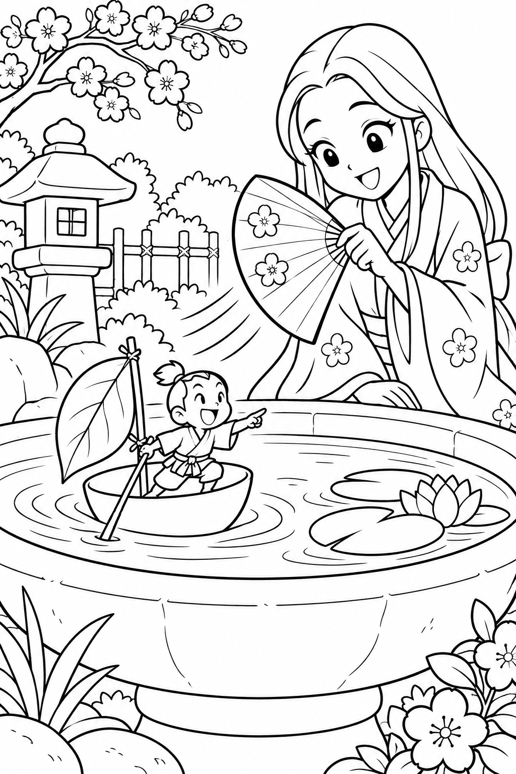 一寸法師・扇子の風で帆走レースの塗り絵