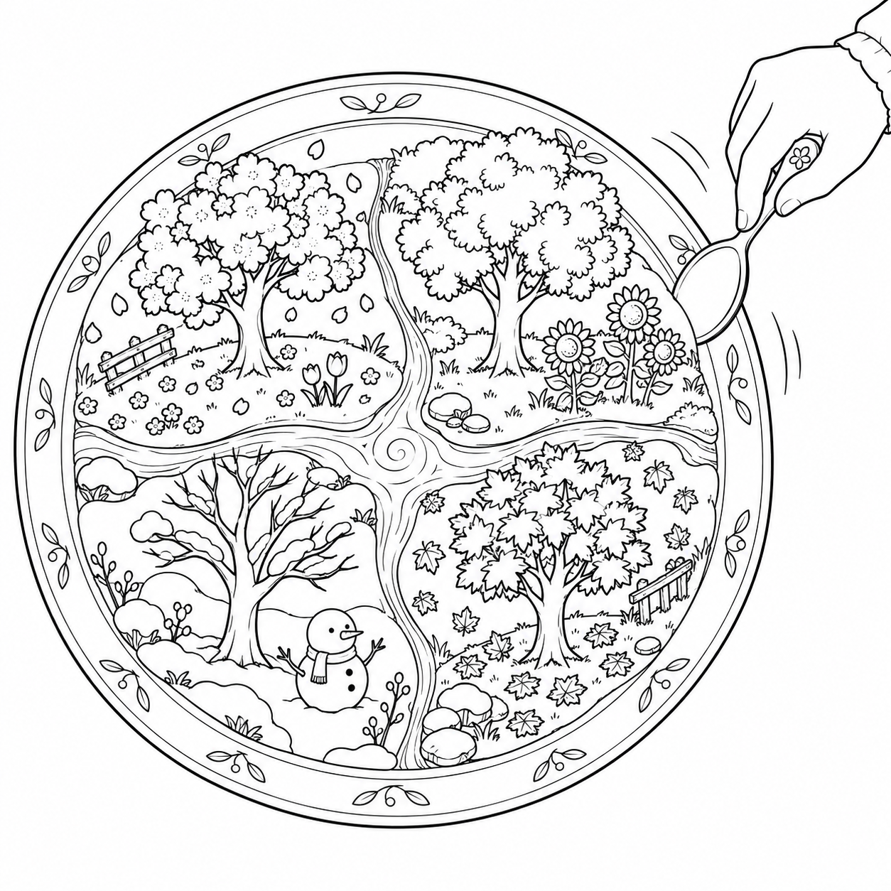 お皿の中で回る小さな季節の塗り絵