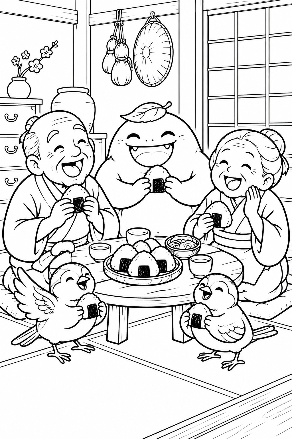 したきりすずめ:すずめもおばけも大宴会の塗り絵