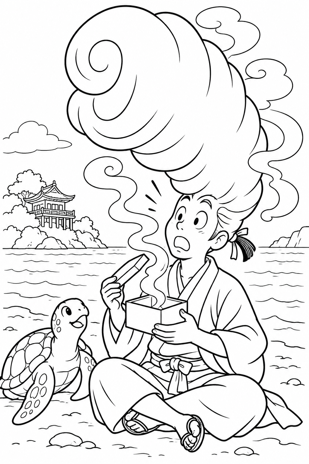 浦島太郎:玉手箱の煙で大きな髪型(ギャグ)の塗り絵