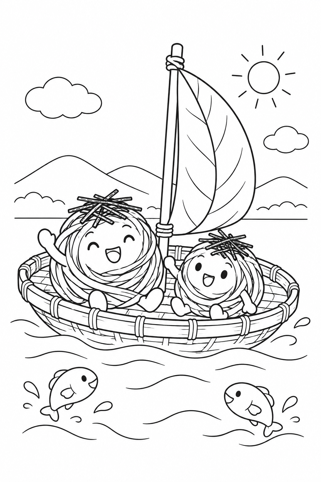おそばのざるで船あそびの塗り絵