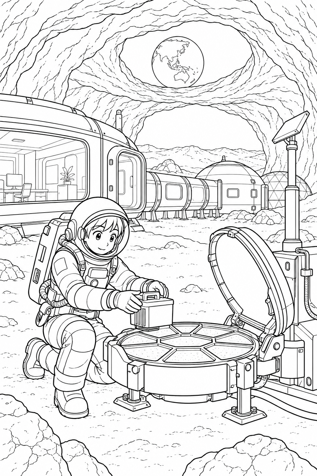 月の溶岩洞基地:宇宙のちりを集める装置の塗り絵