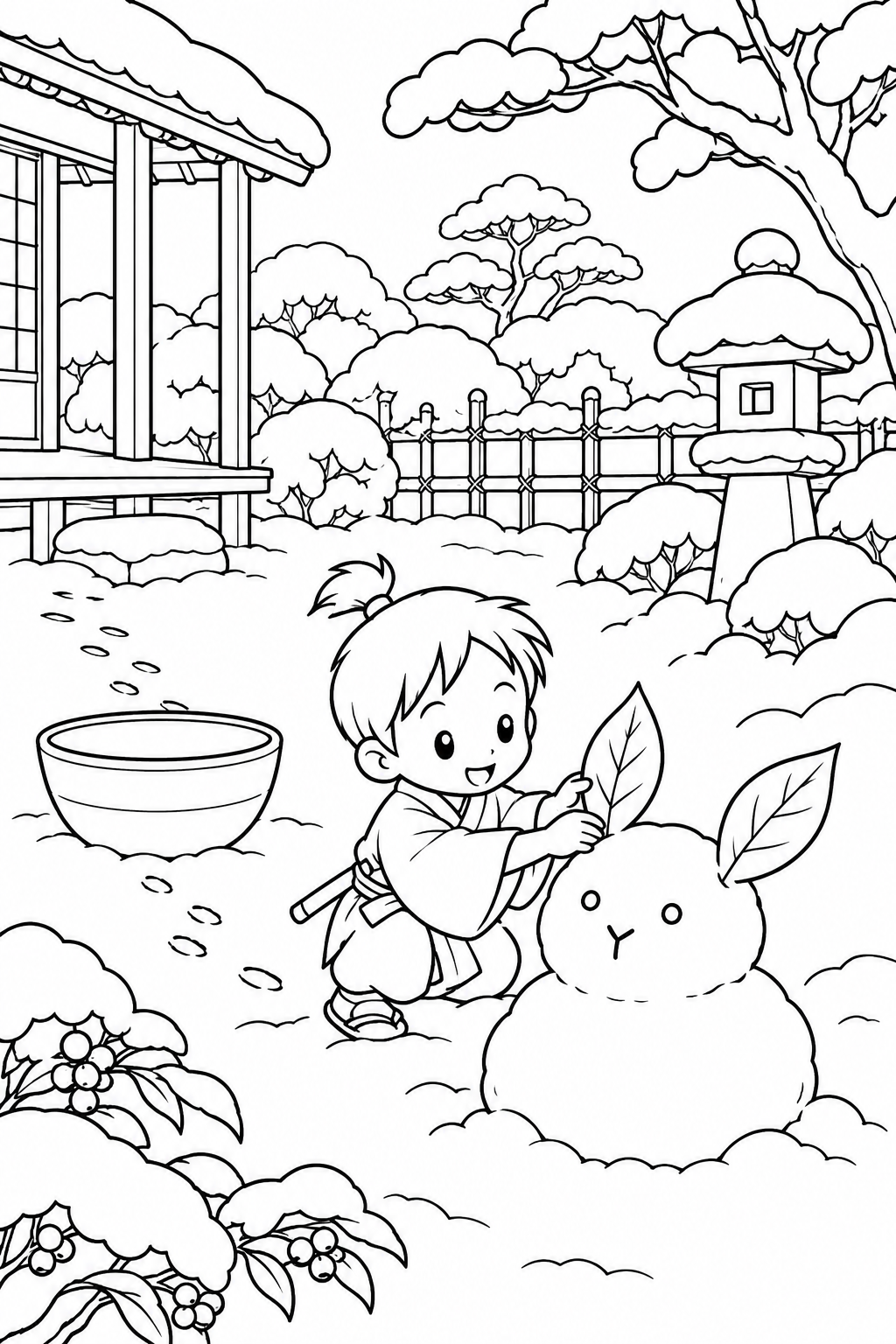 一寸法師・雪うさぎと小さな足あとの塗り絵