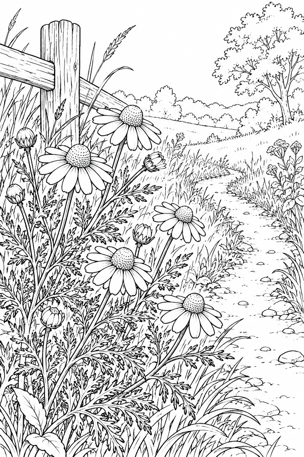 Dibujo de Una escena natural: Flores y hojas de manzanilla para colorear