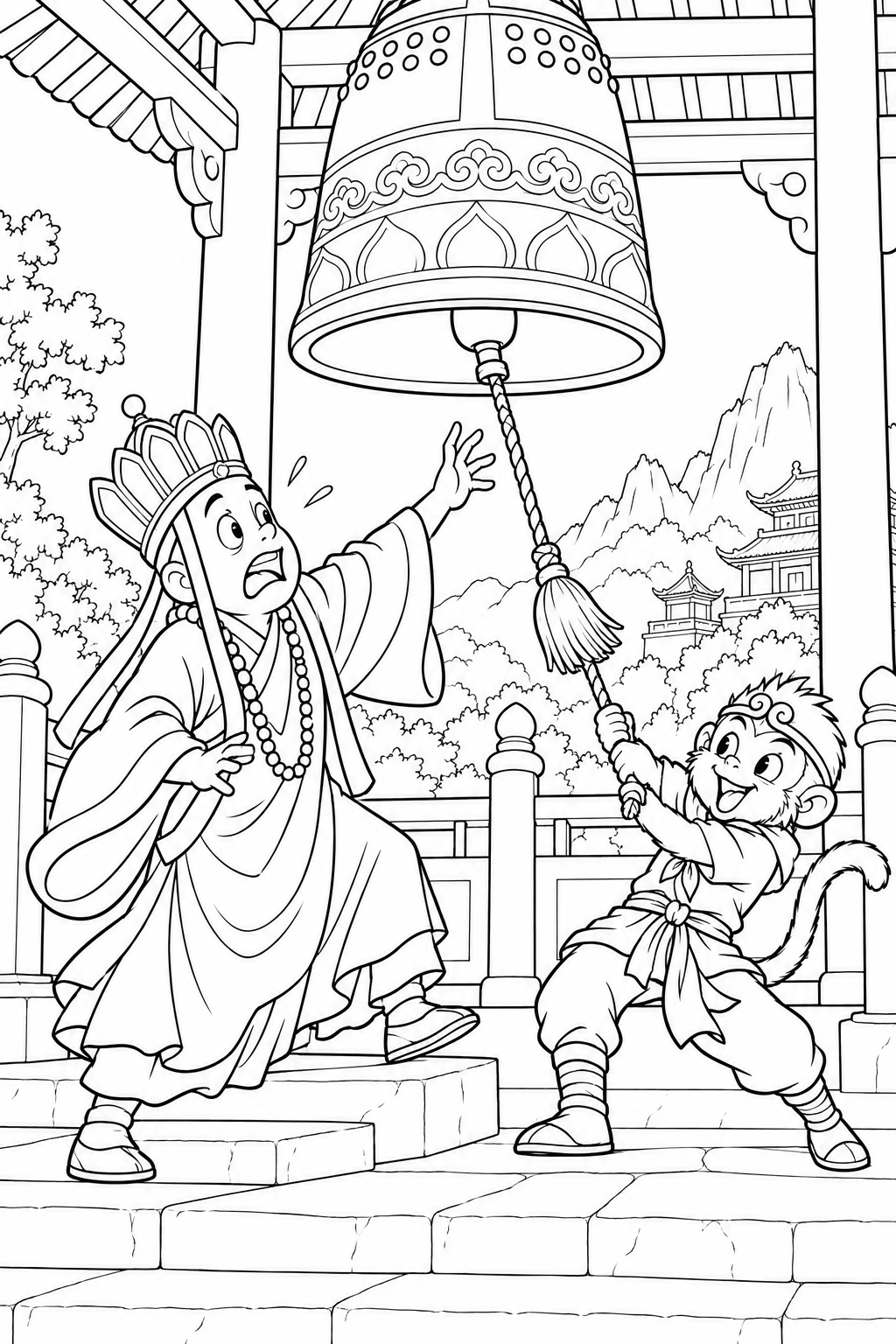 Dibujo de Viaje al Oeste cómico：Sanzang y la campana de la mañana para colorear