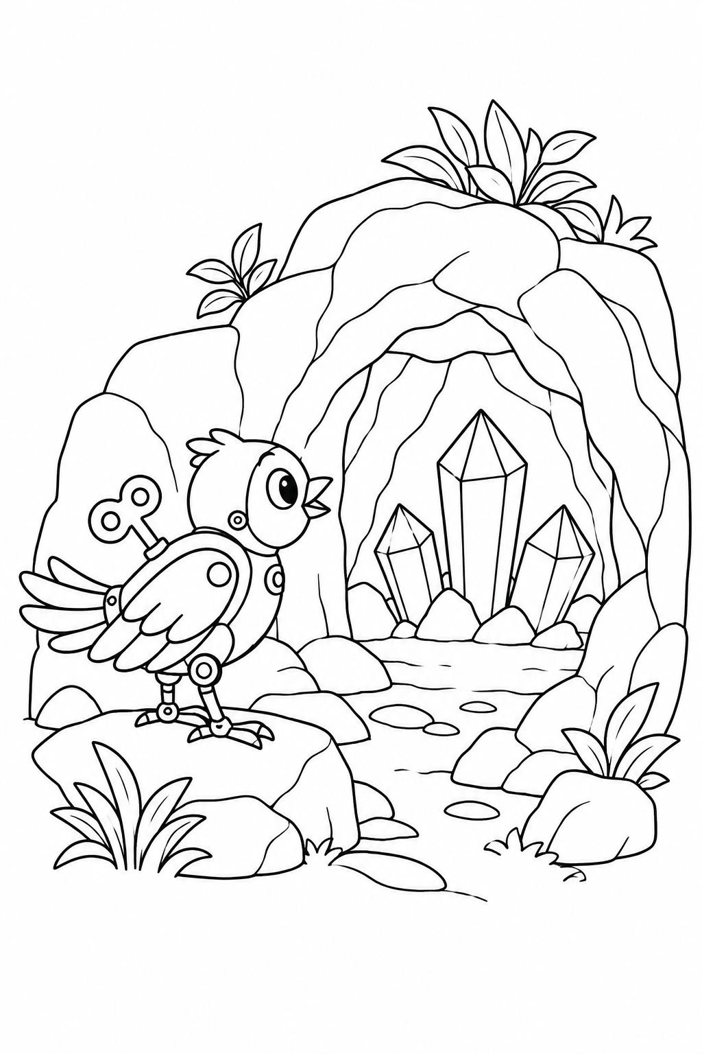 Dibujo de El pájaro de engranajes en la cueva de cristal para colorear