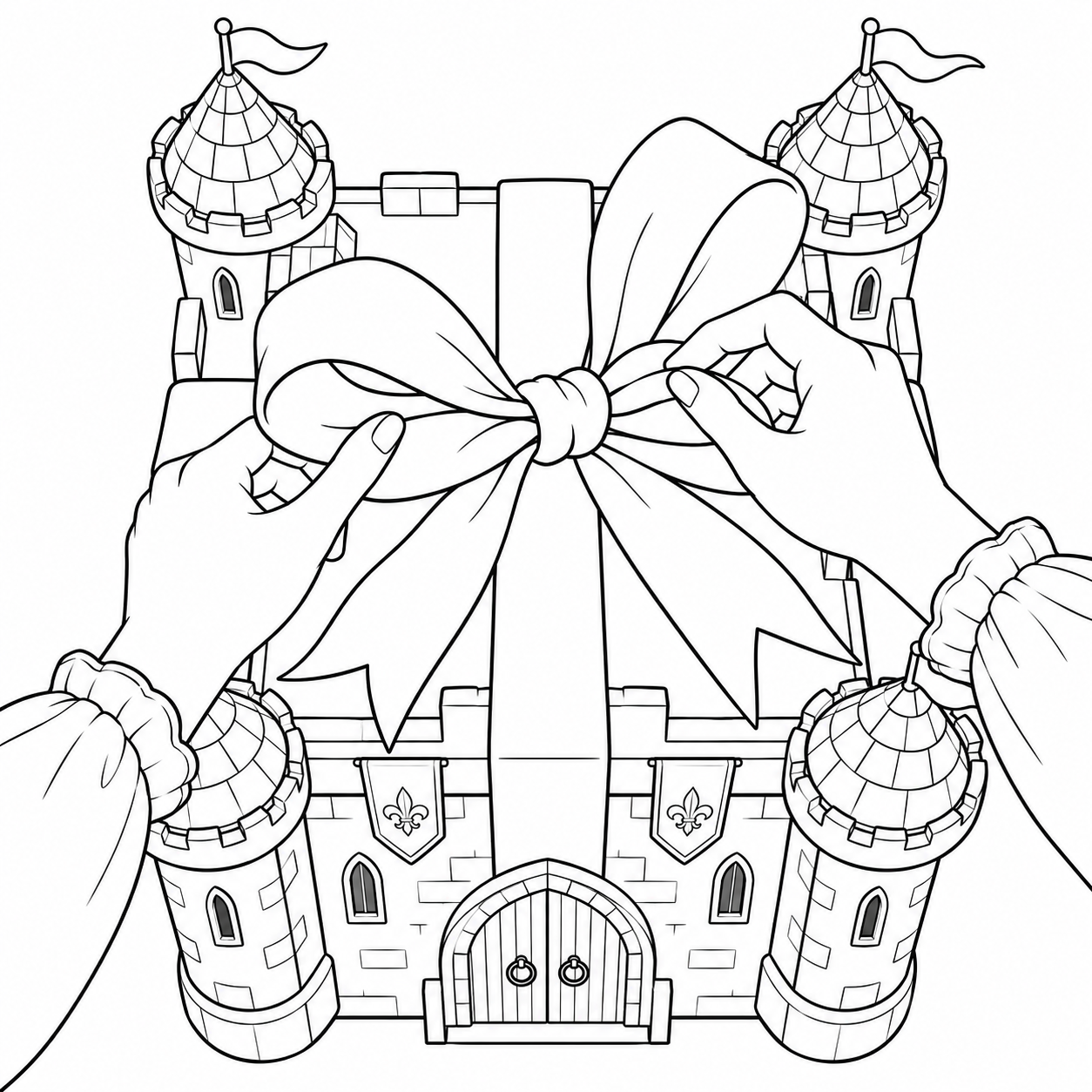 大きなリボンで包む小さな城の塗り絵