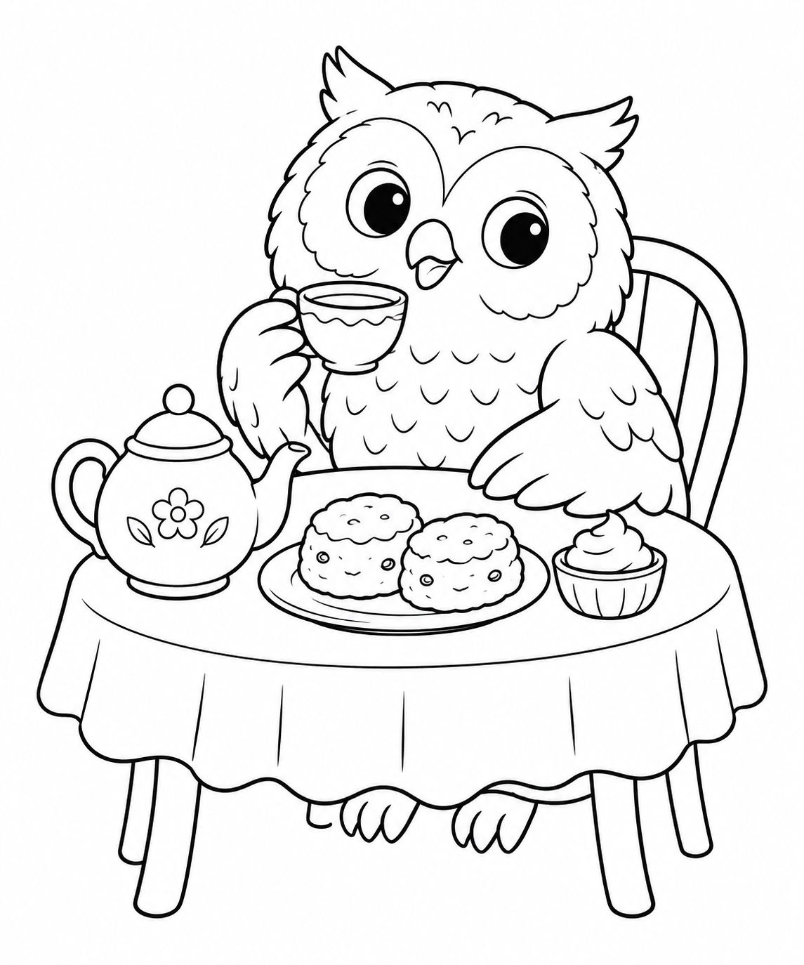 スコーンとお茶のフクロウの塗り絵