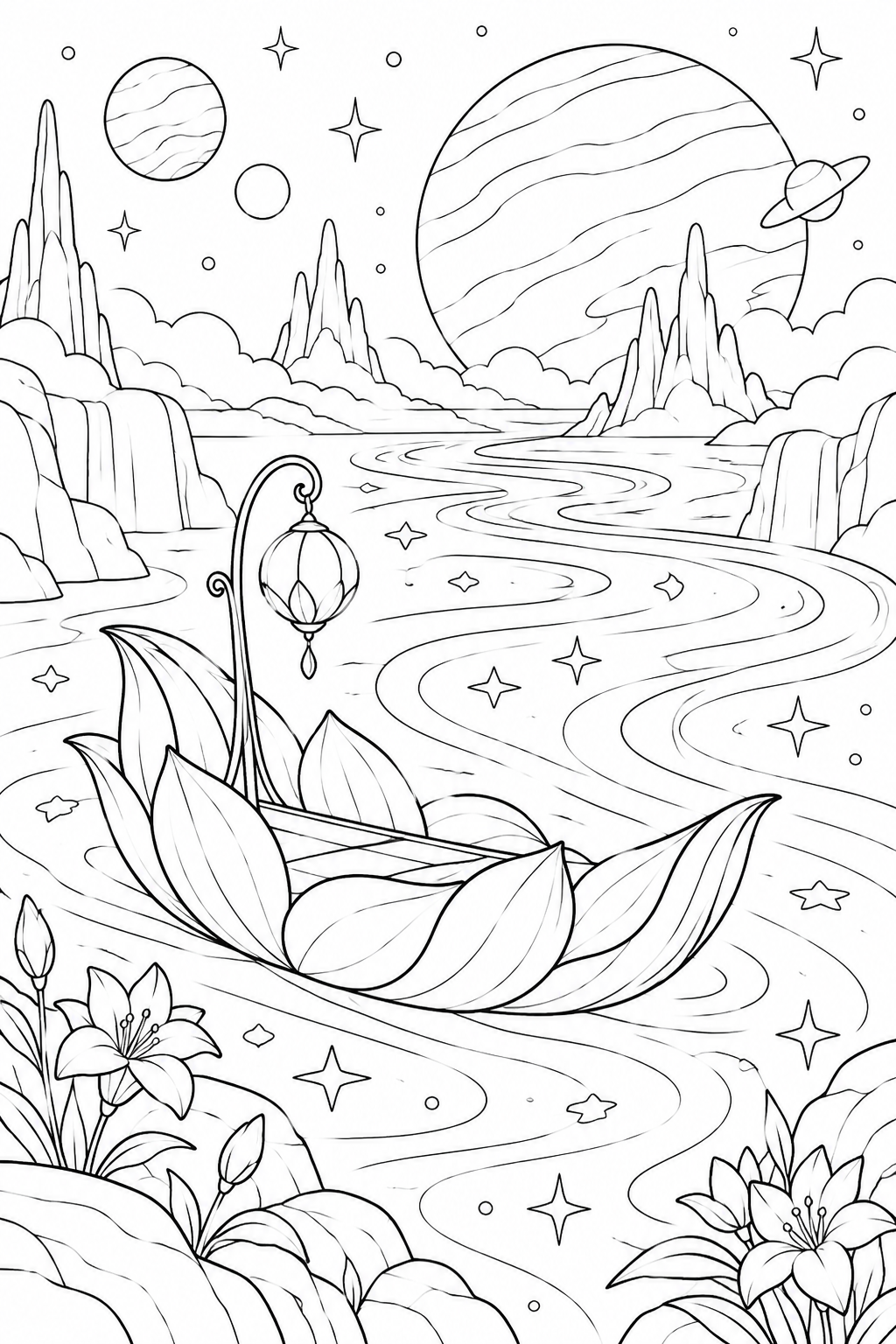 Coloriage Barque de pétale sur une rivière galactique
