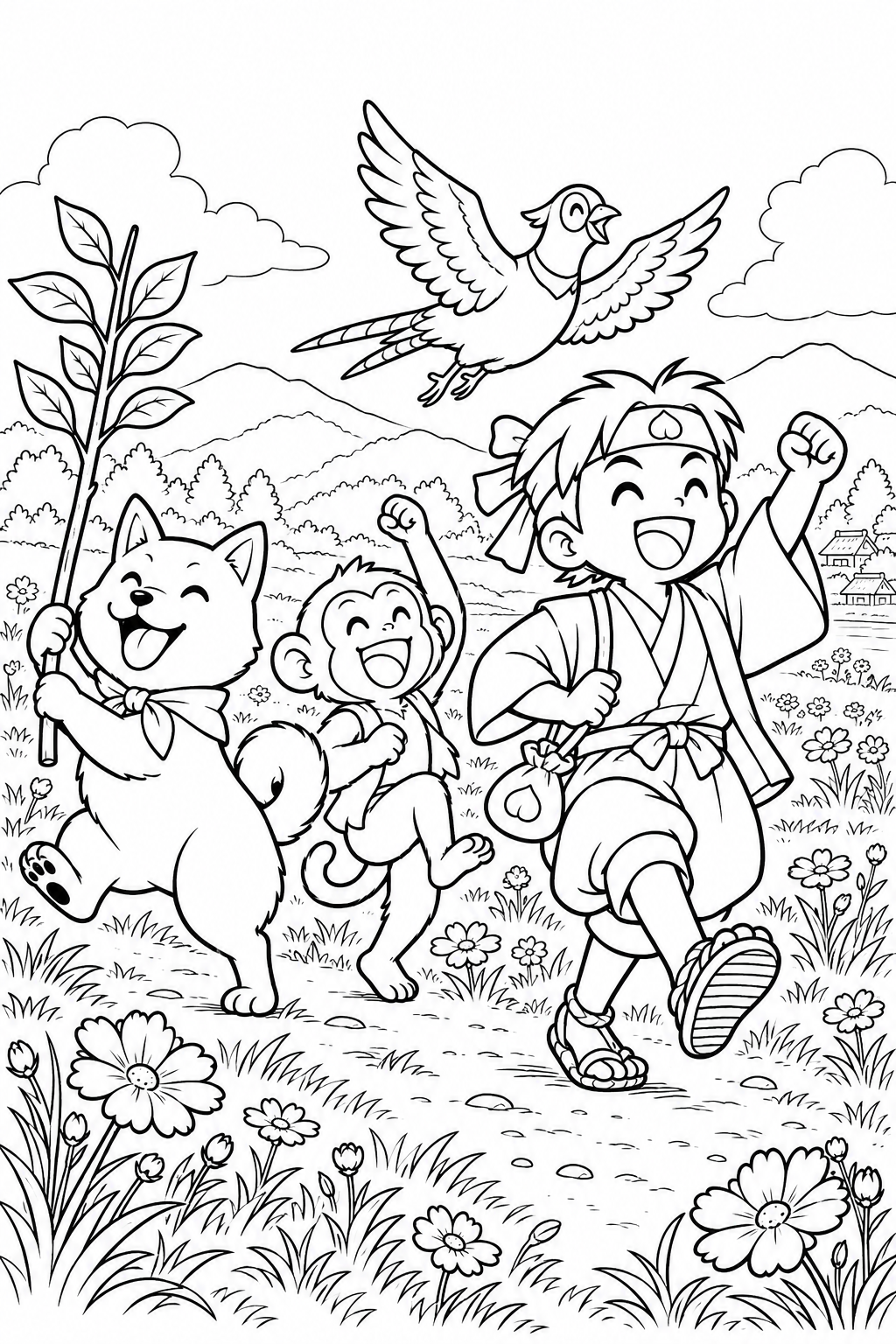 ギャグ桃太郎:桃太郎一行の野原さんぽの塗り絵
