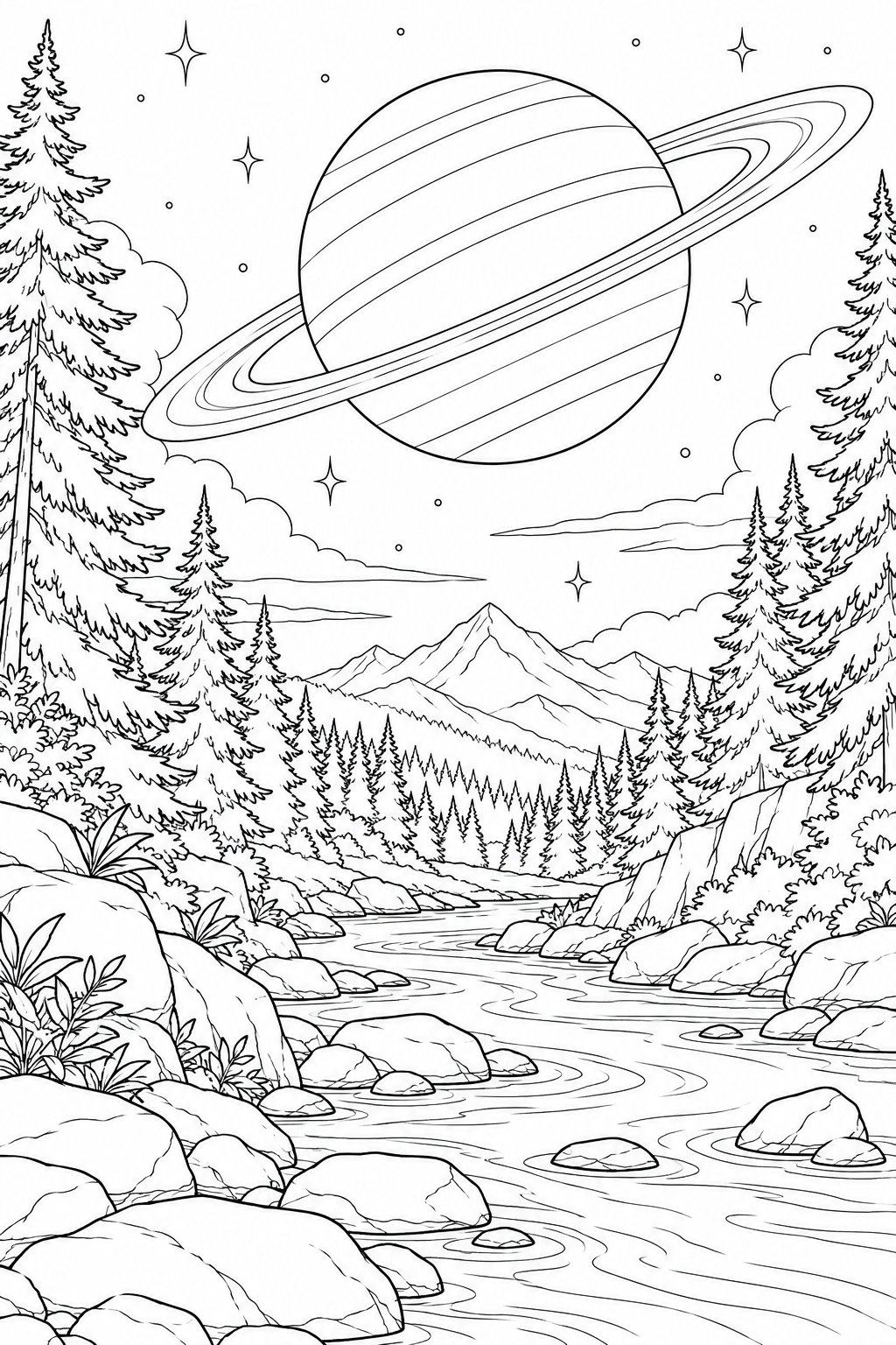 モミの森の渓流と環のある惑星の塗り絵