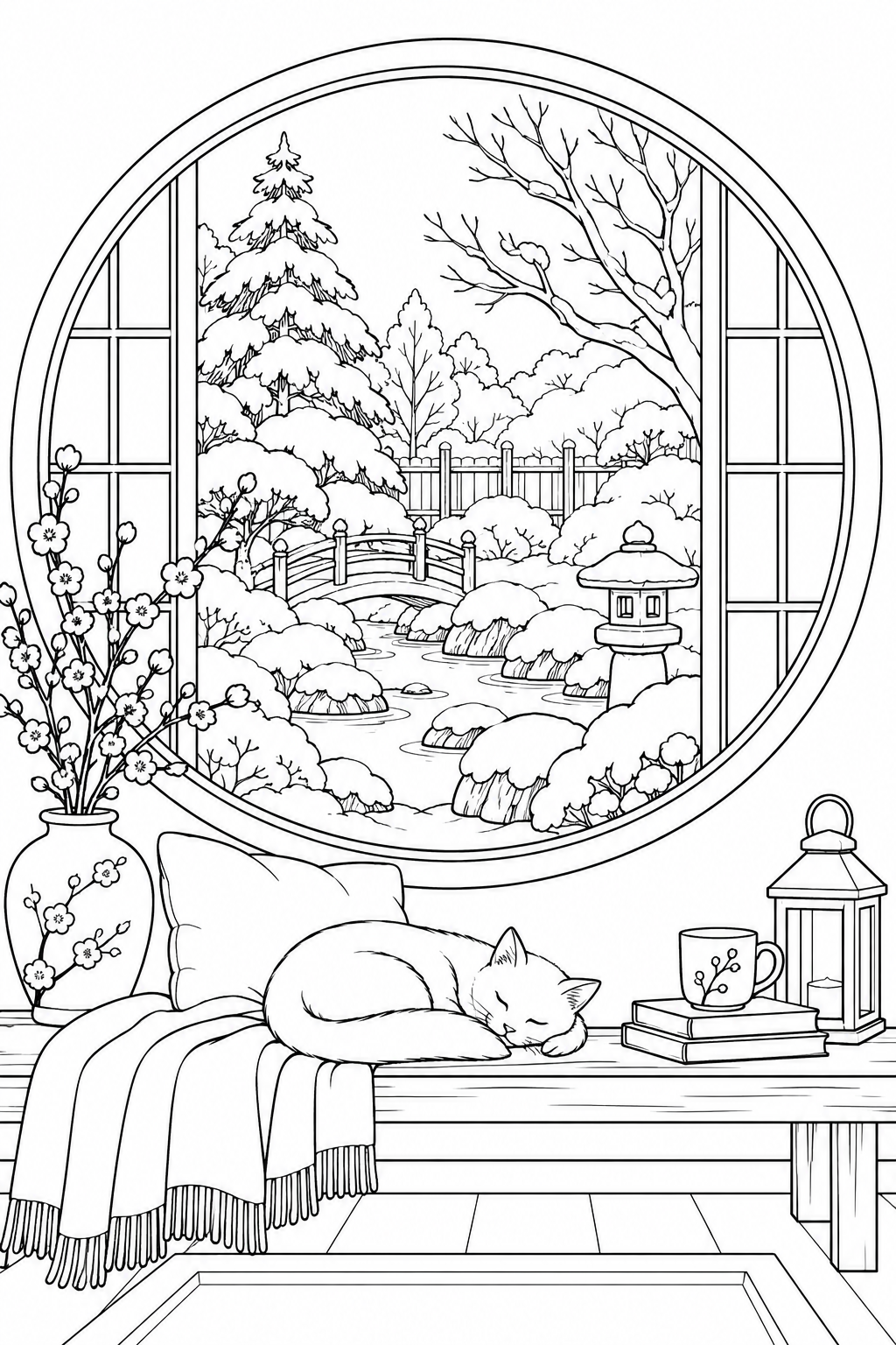 雪の庭を望む丸い窓の塗り絵