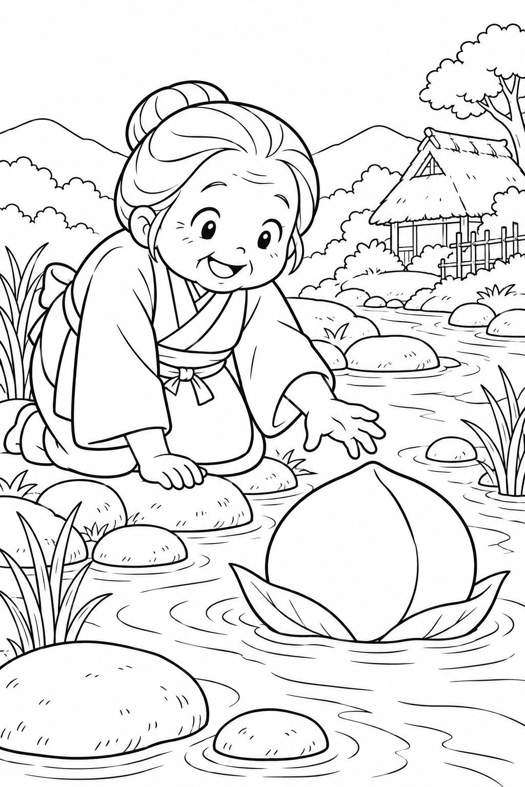 ほっこり桃太郎:川に流れる大きな桃の塗り絵