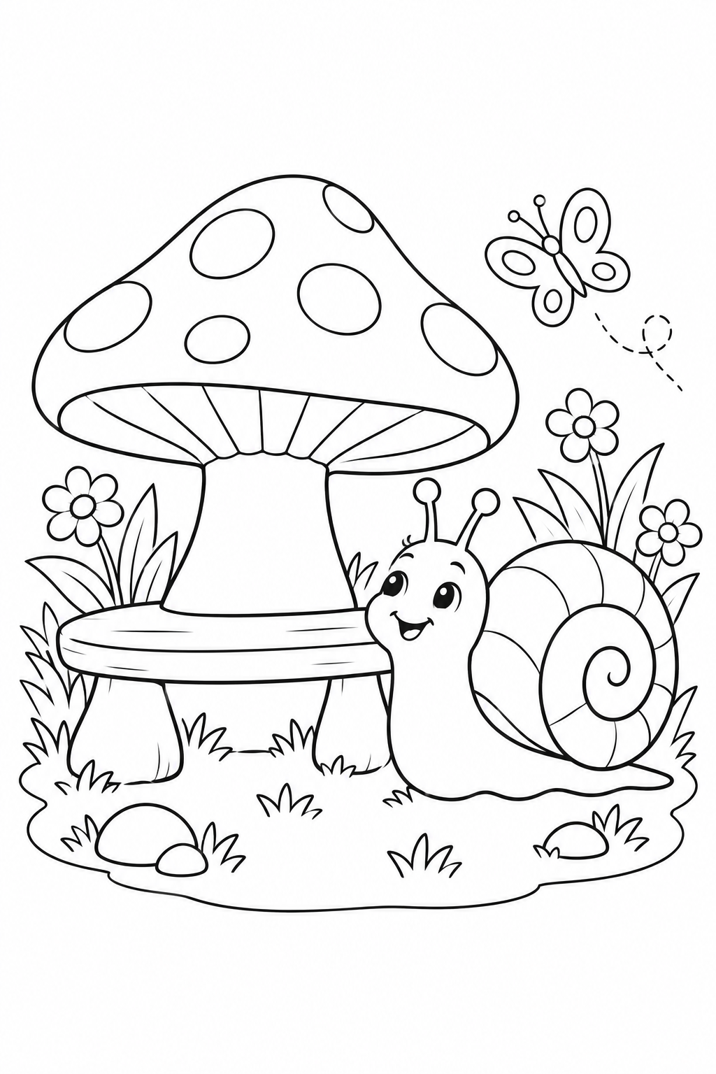 Desenho de O caracol e o banco de cogumelo para colorir