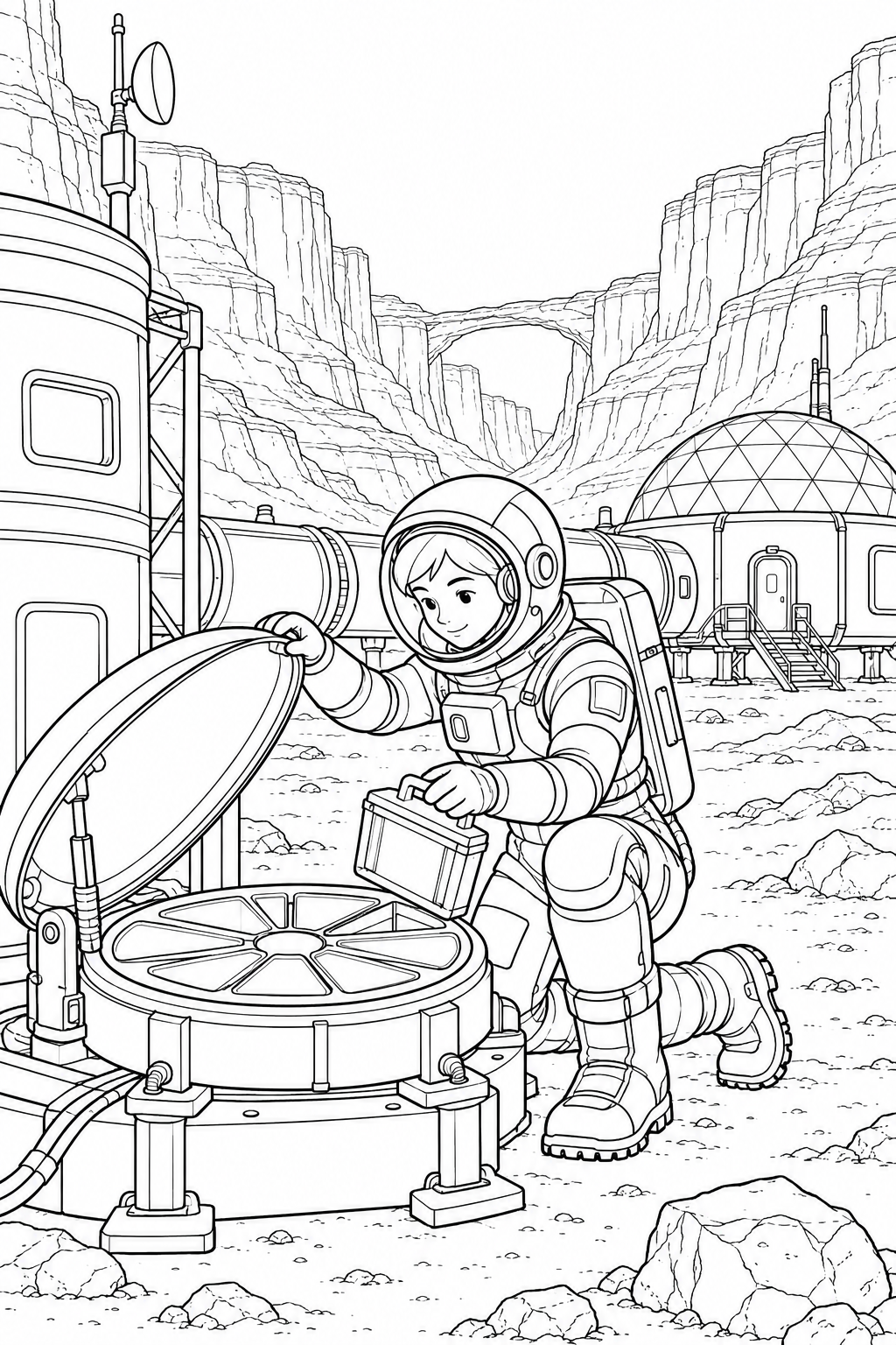 火星の峡谷基地:宇宙のちりを集める装置の塗り絵