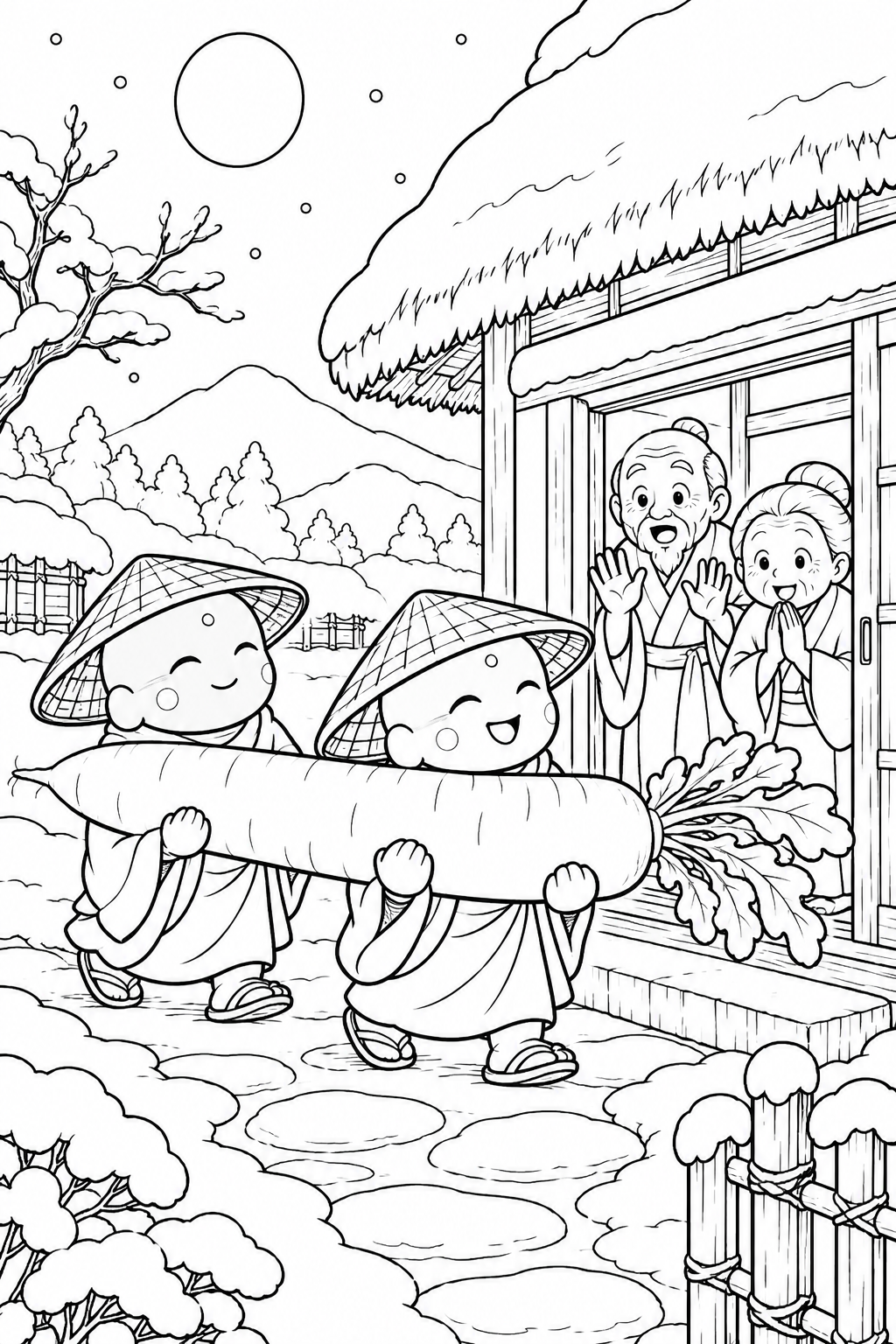 かさじぞう・大根が長すぎるお届けものの塗り絵