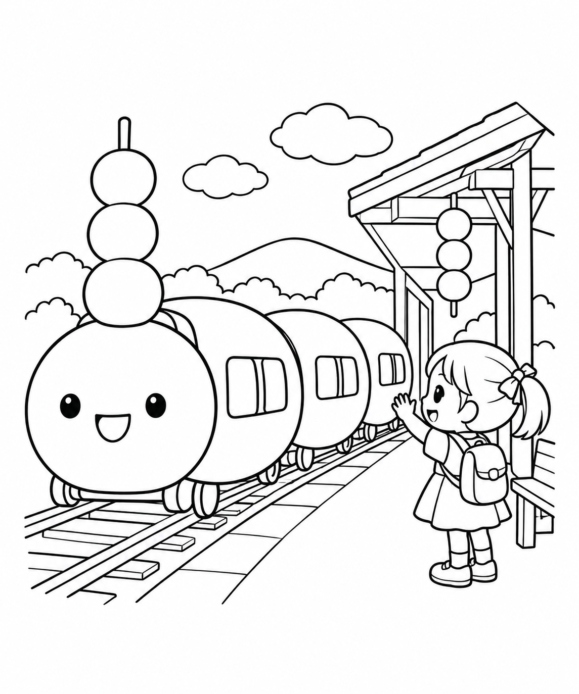 おだんご列車の駅の塗り絵