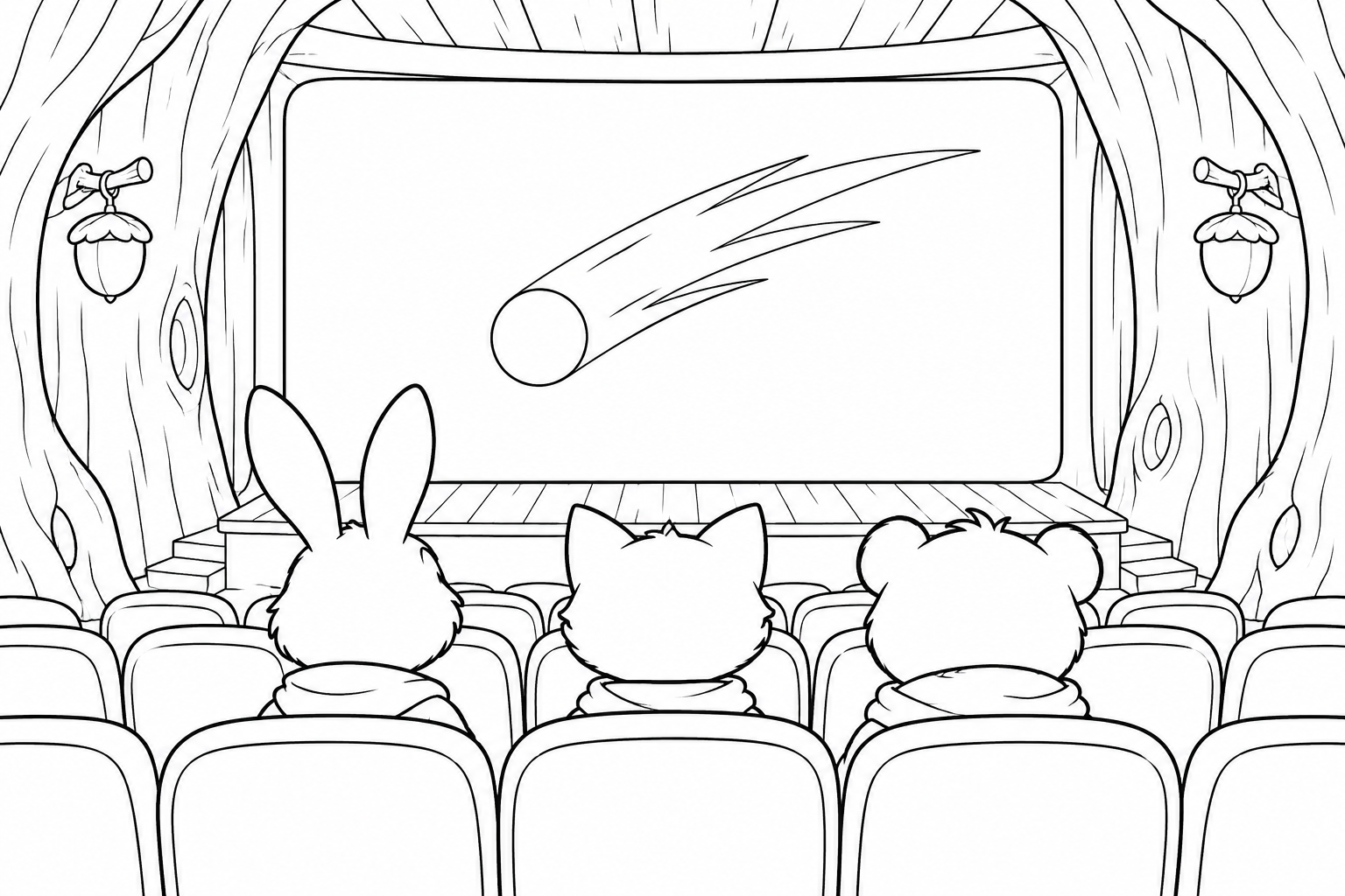 大きな木の穴の映画館の塗り絵