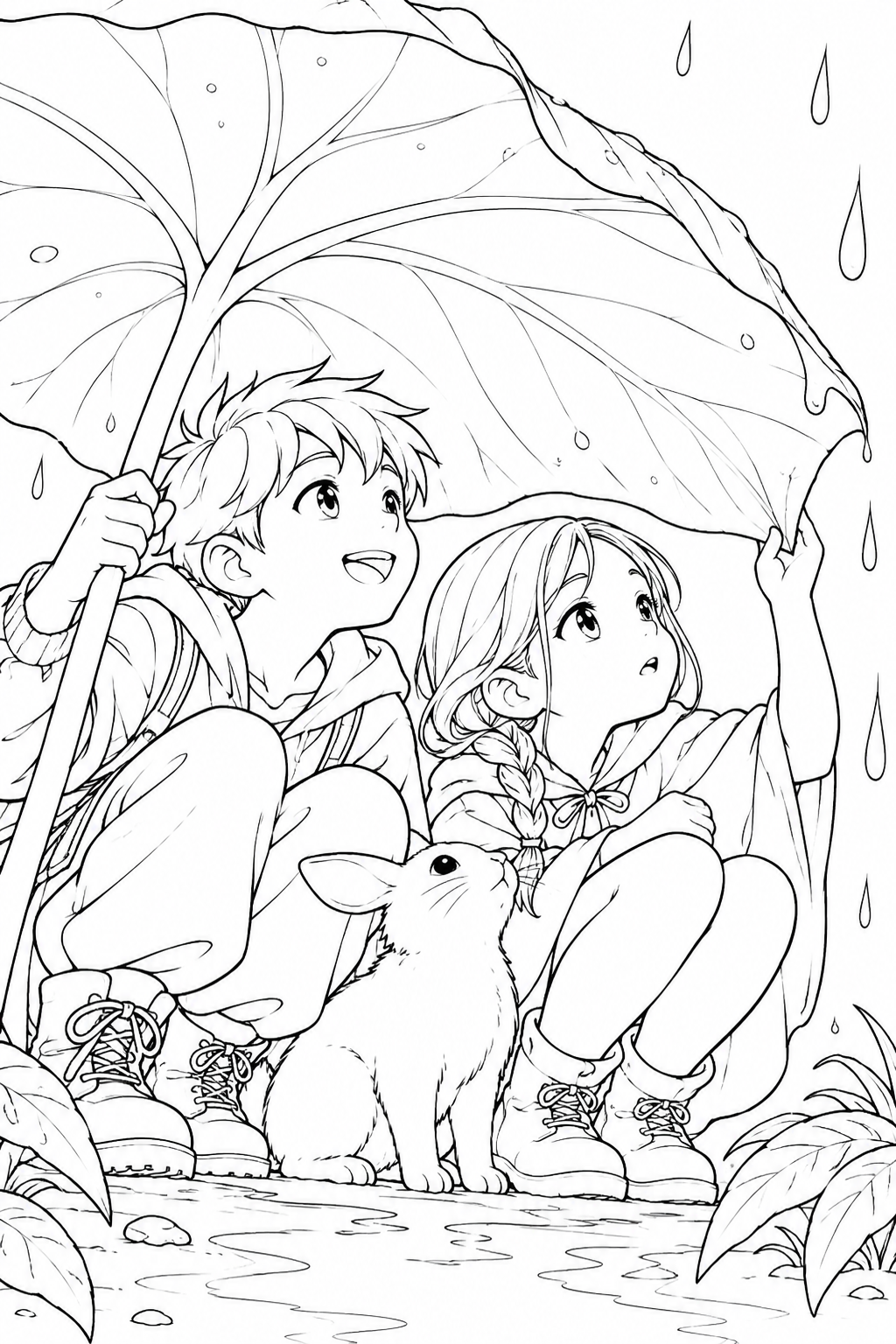 大きな葉で雨をしのぐ二人の塗り絵