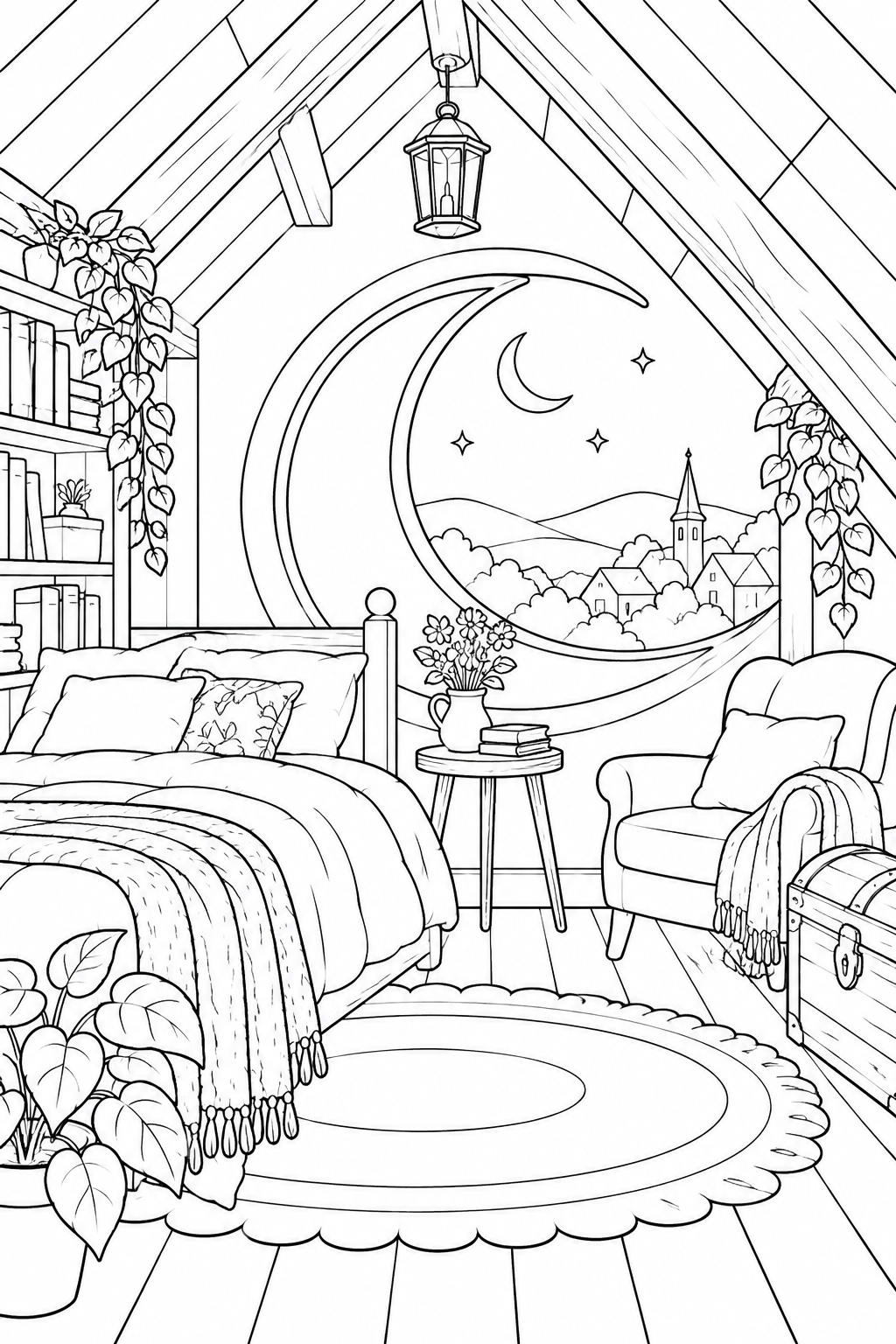 三日月の窓がある屋根裏部屋の塗り絵