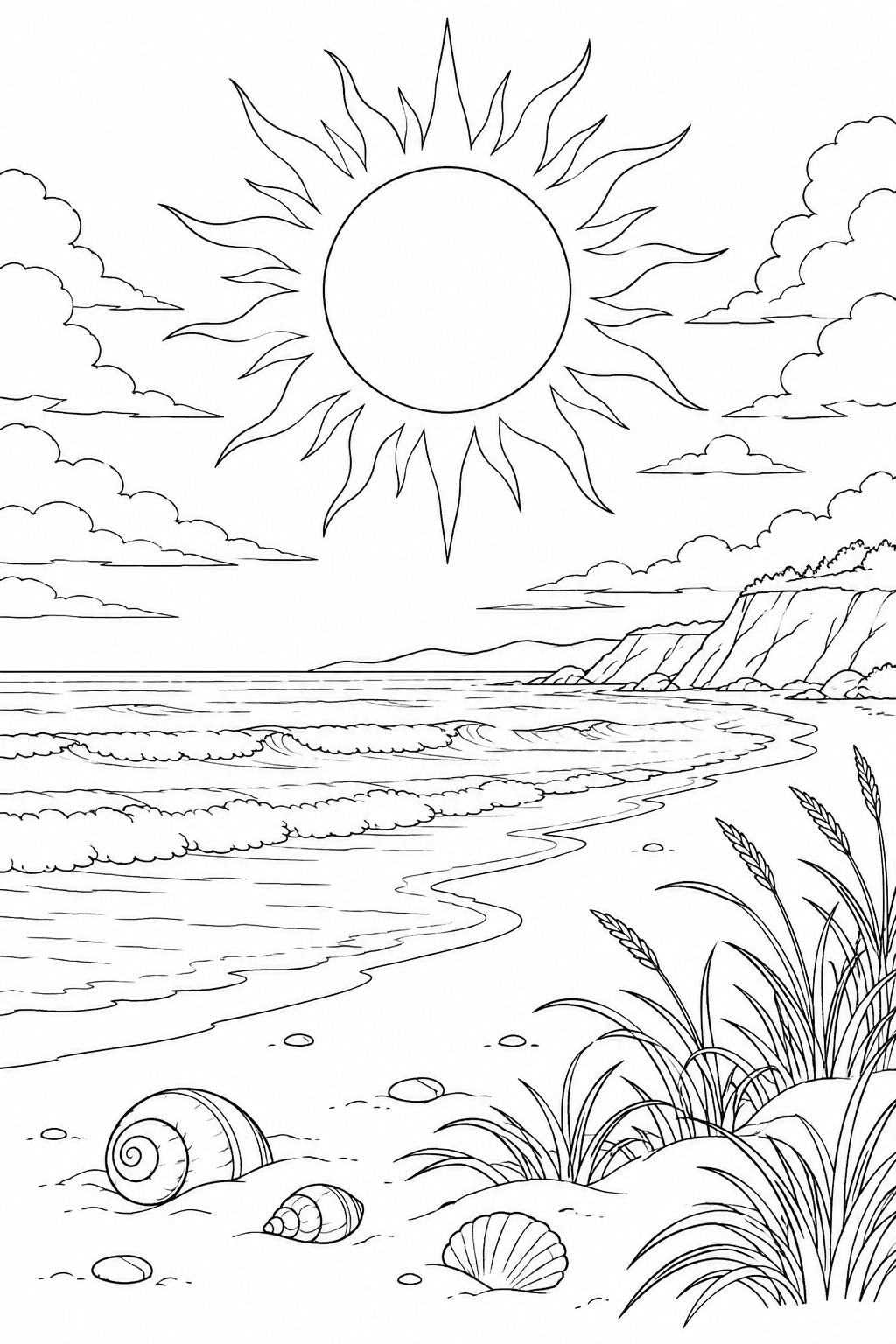 貝殻のある砂浜と日食の光の輪の塗り絵