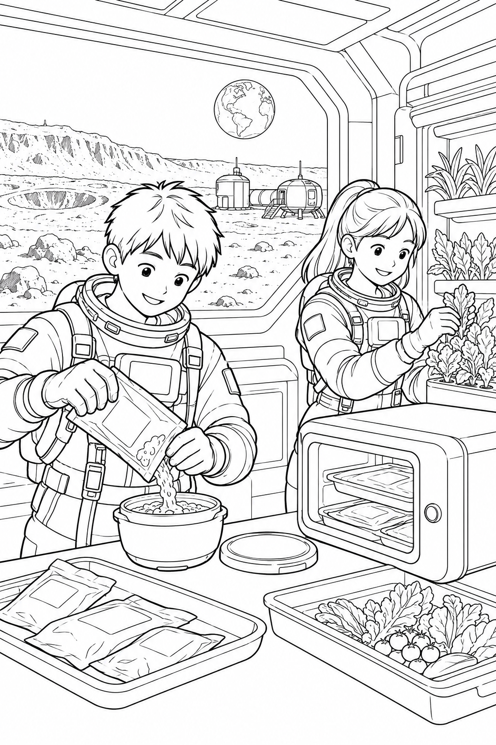 月のクレーター基地:宇宙食を作るキッチンの塗り絵