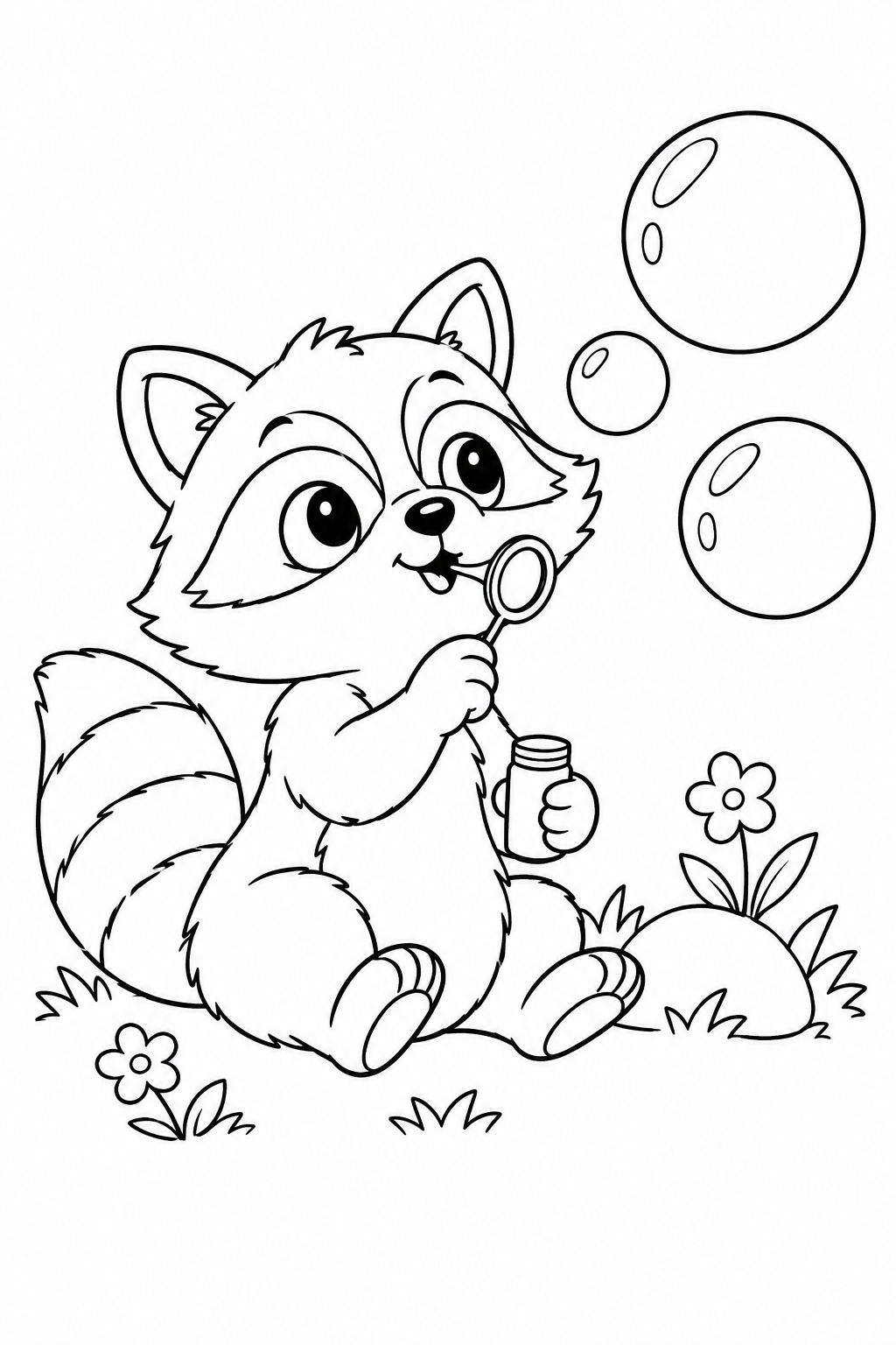 アライグマのシャボン玉あそびの塗り絵