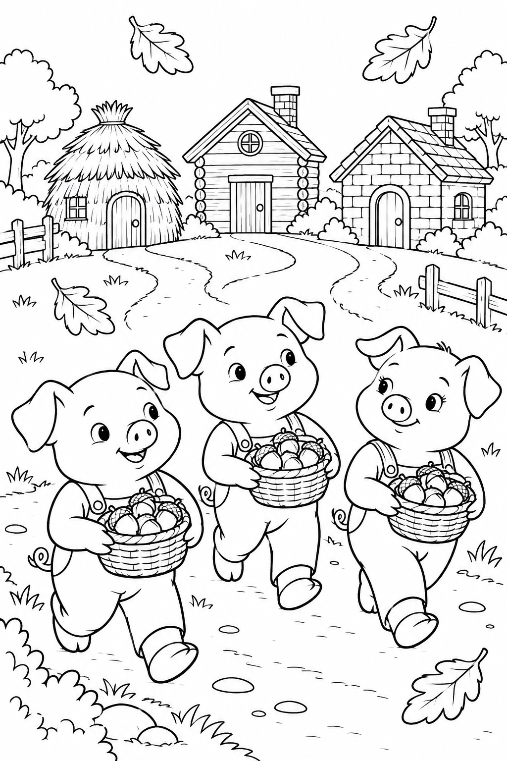 Coloriage Les Trois Petits Cochons: Le retour après la récolte de glands