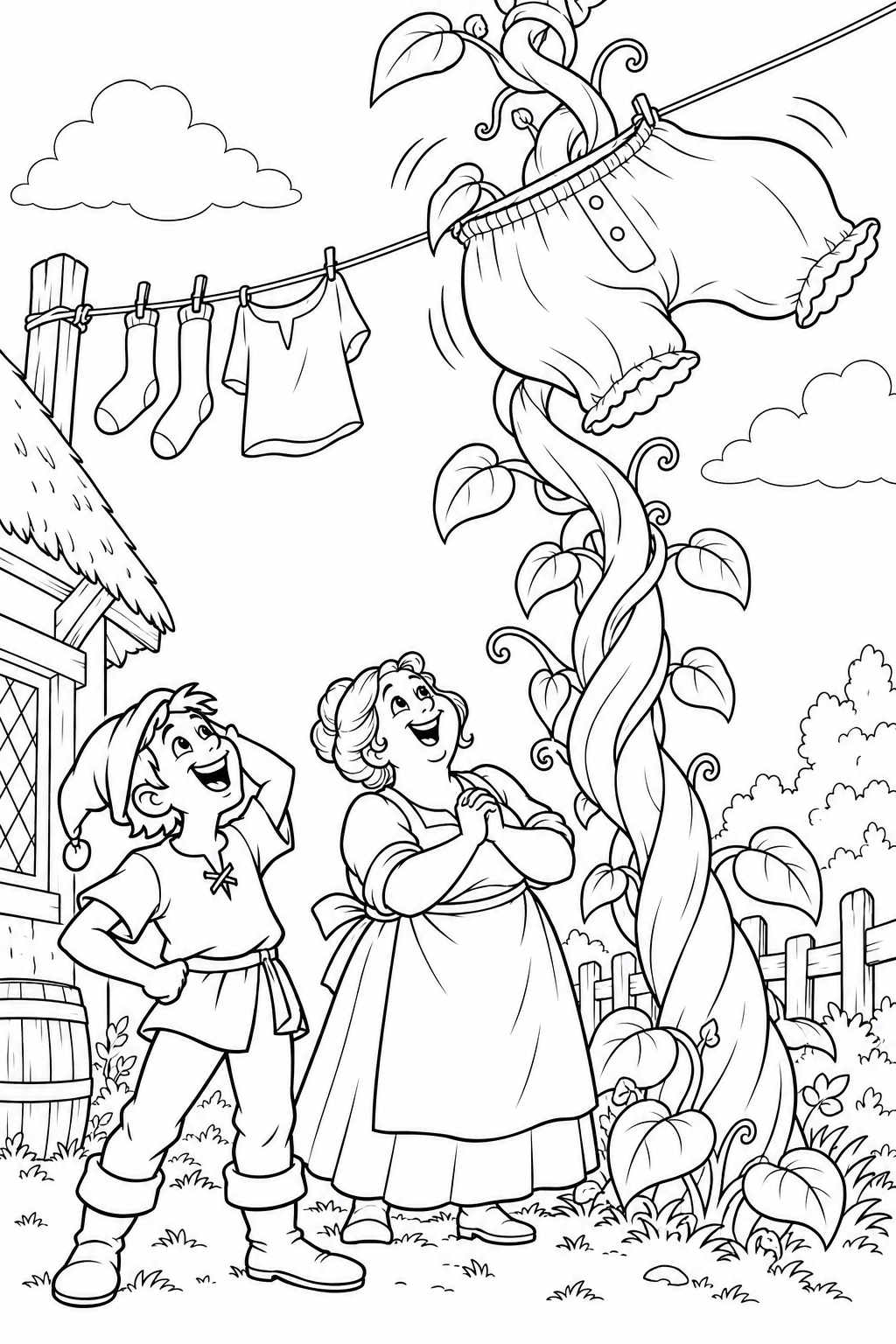 Jack and the Beanstalk・Comedy — The beanstalk carries the laundry coloring page