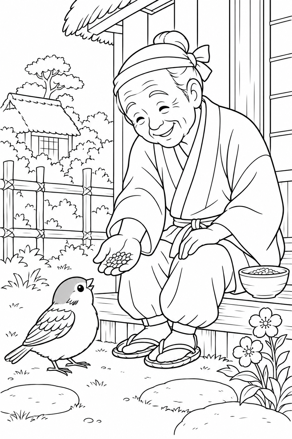 したきりすずめ：手のひらのお米と小さな友だちの塗り絵