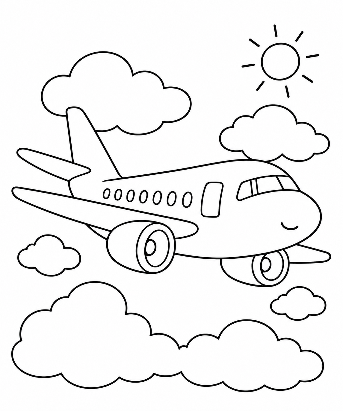 飛行機とふわふわ雲の塗り絵
