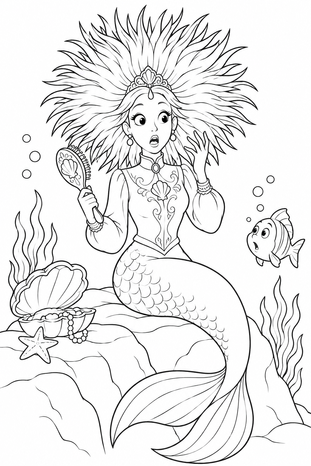 人魚姫:ブラシで髪がウニみたいの塗り絵