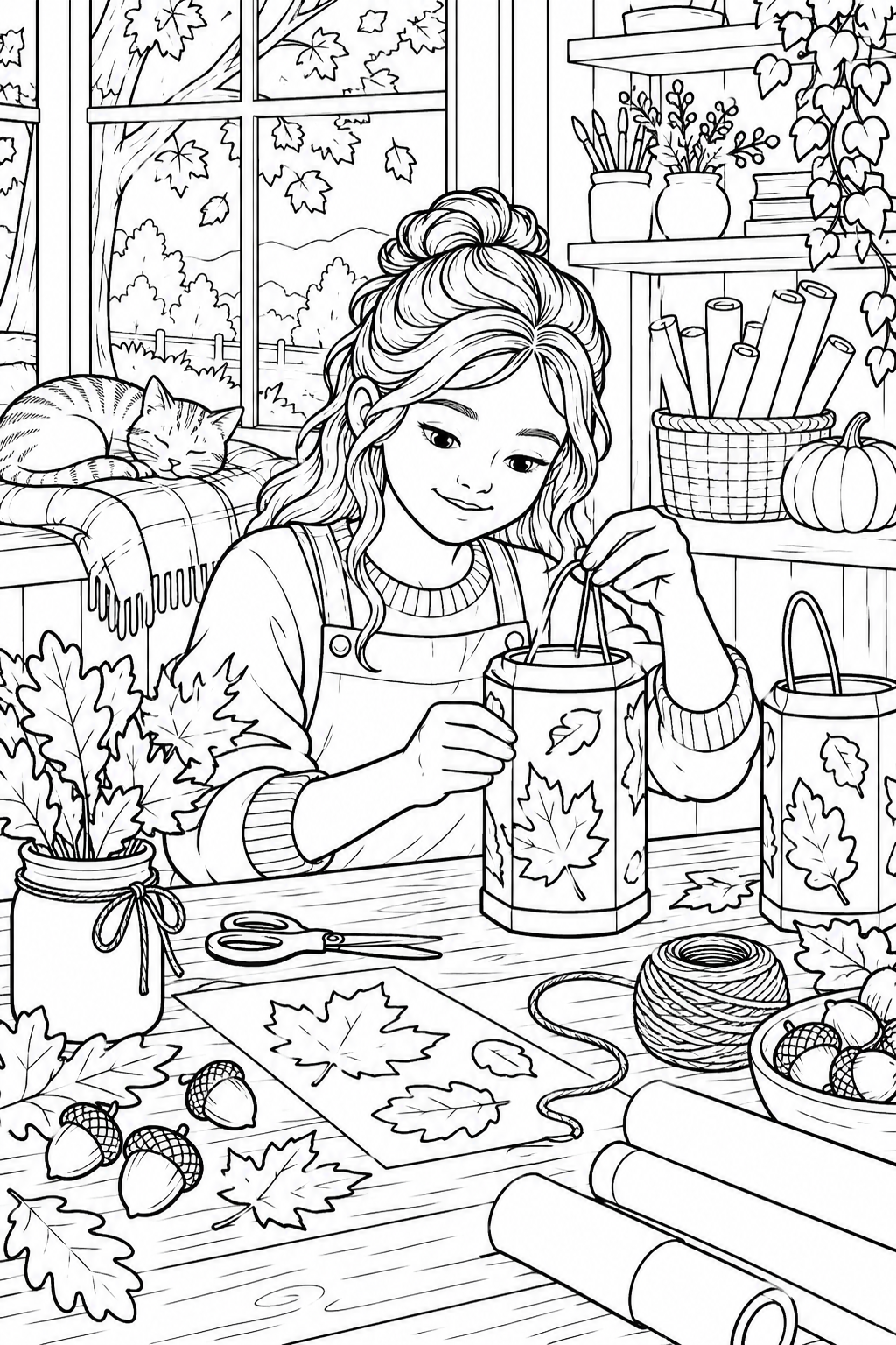 秋のランタンづくりのアトリエの塗り絵