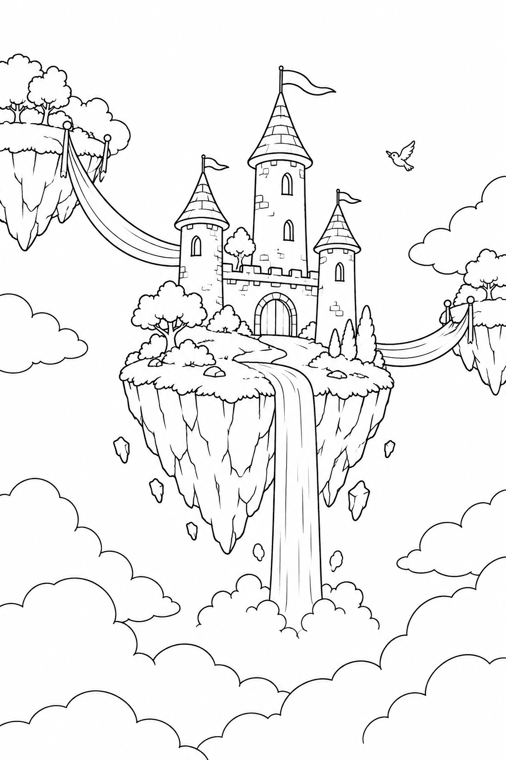 雲につながれた空のお城の塗り絵