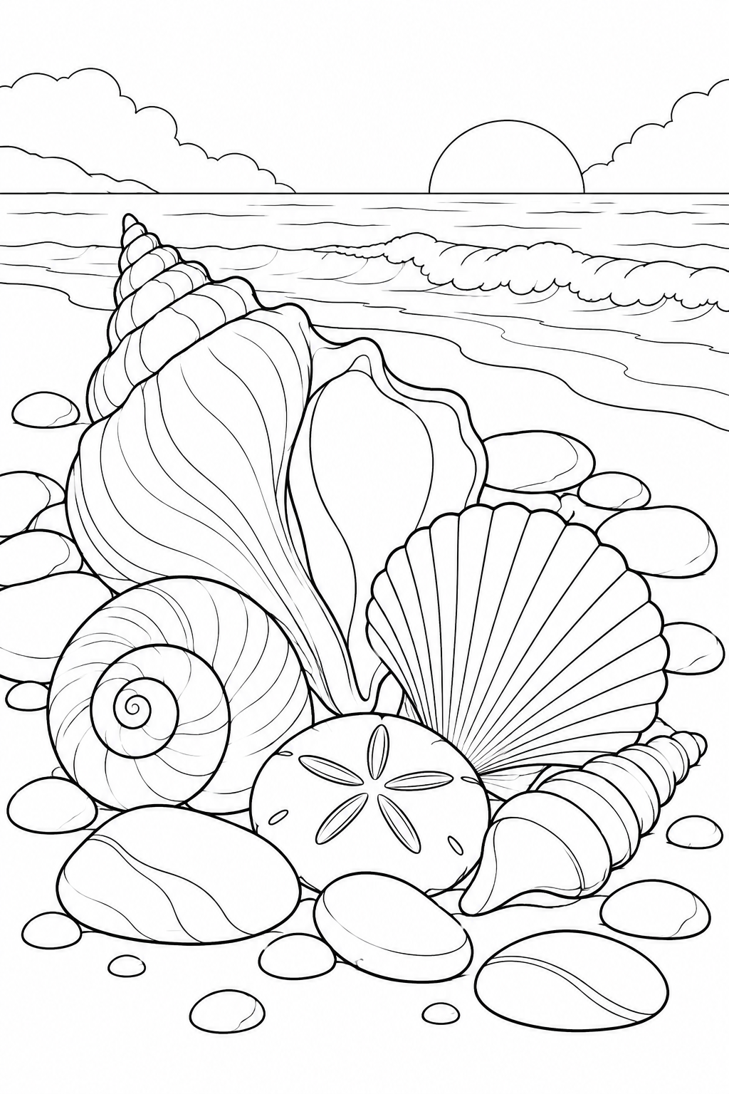 貝殻と波に磨かれた小石の塗り絵