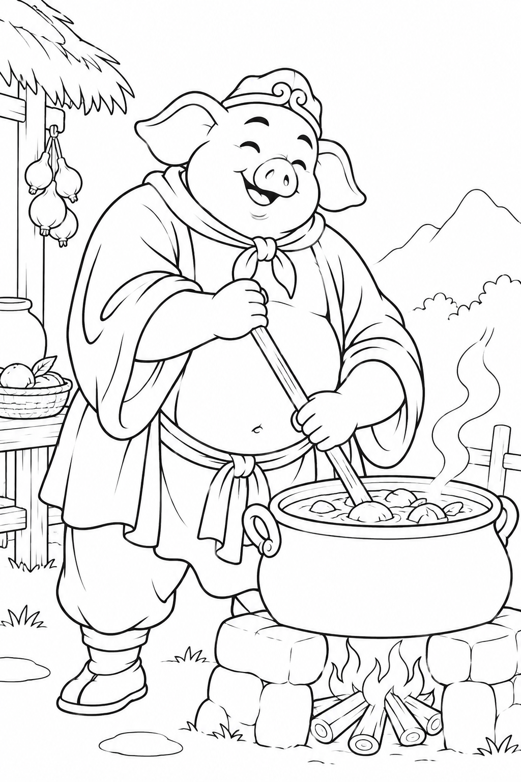 ほっこり西遊記:八戒と旅の料理鍋の塗り絵