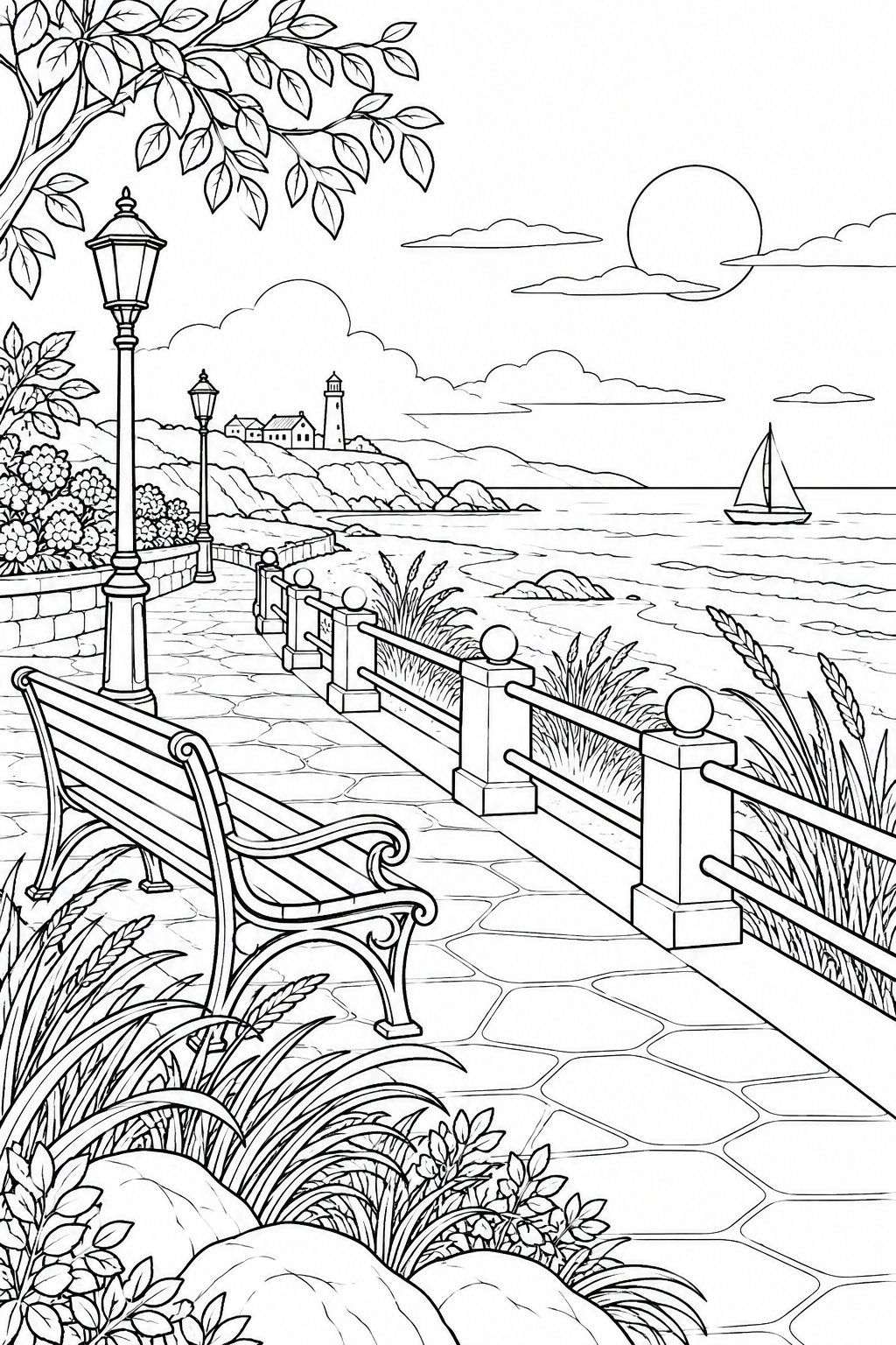 海辺の遊歩道と夏草の塗り絵