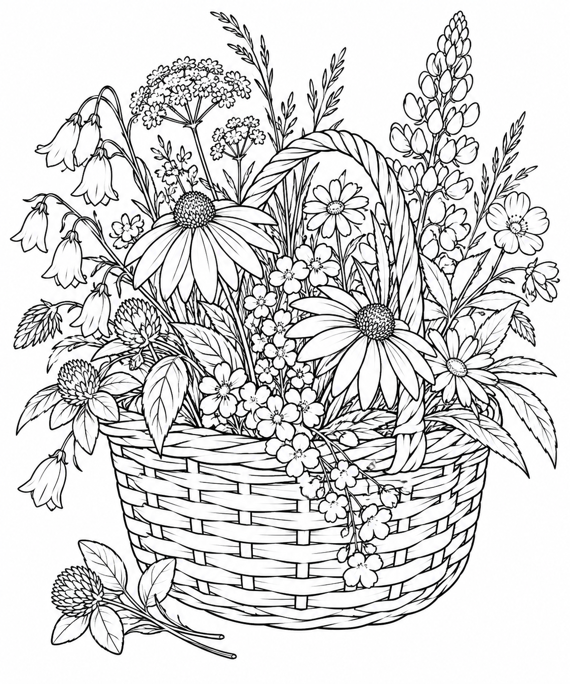 観察スケッチ:野の花を入れたかごの塗り絵