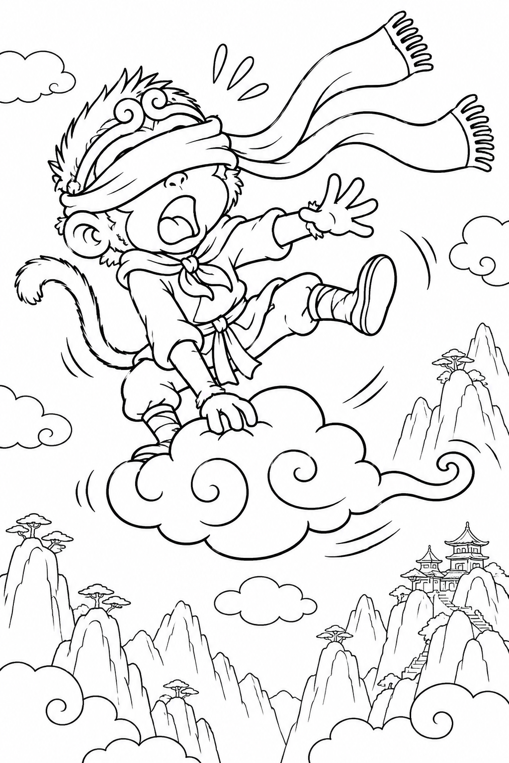 Comical Journey to the West：Sun Wukong on a cloud coloring page