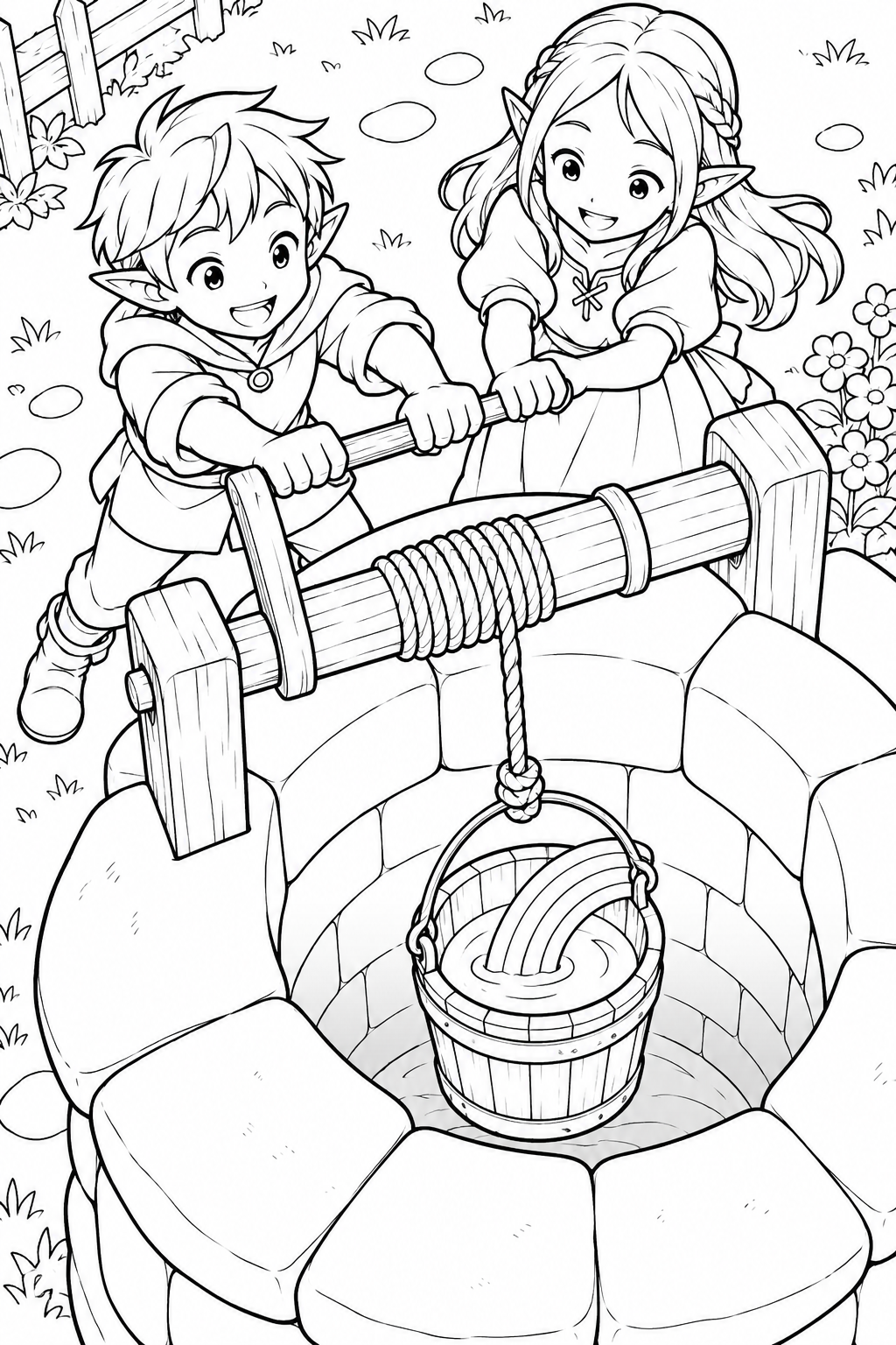虹の井戸で水くみの塗り絵