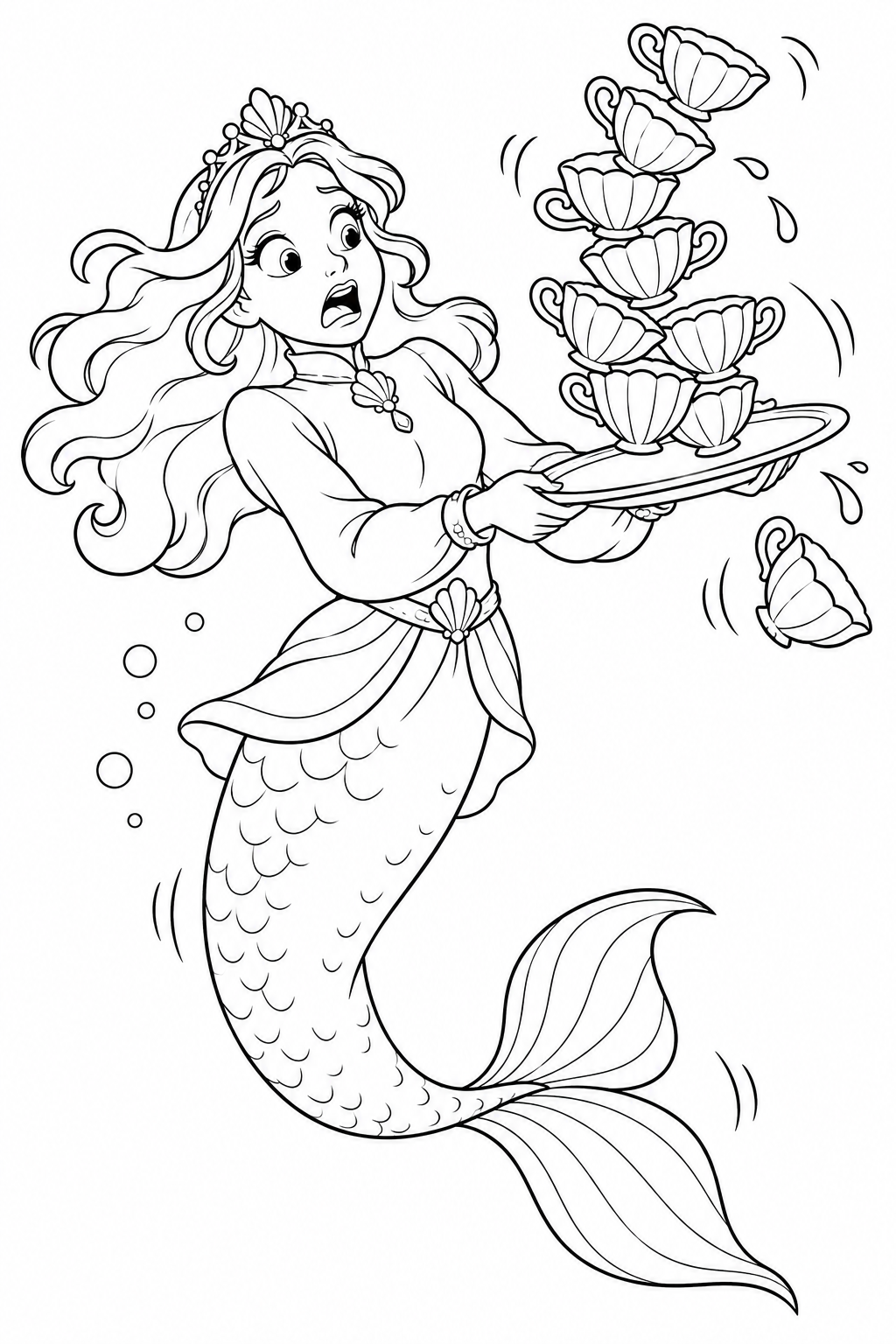 人魚姫:貝カップてんこ盛りのお盆の塗り絵