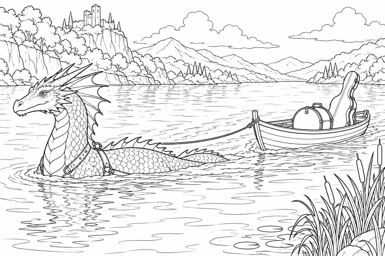 Dibujo de Dragón remolcando un bote de instrumentos para colorear