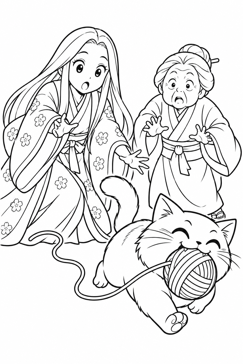 かぐや姫と糸玉どろぼうの猫の塗り絵