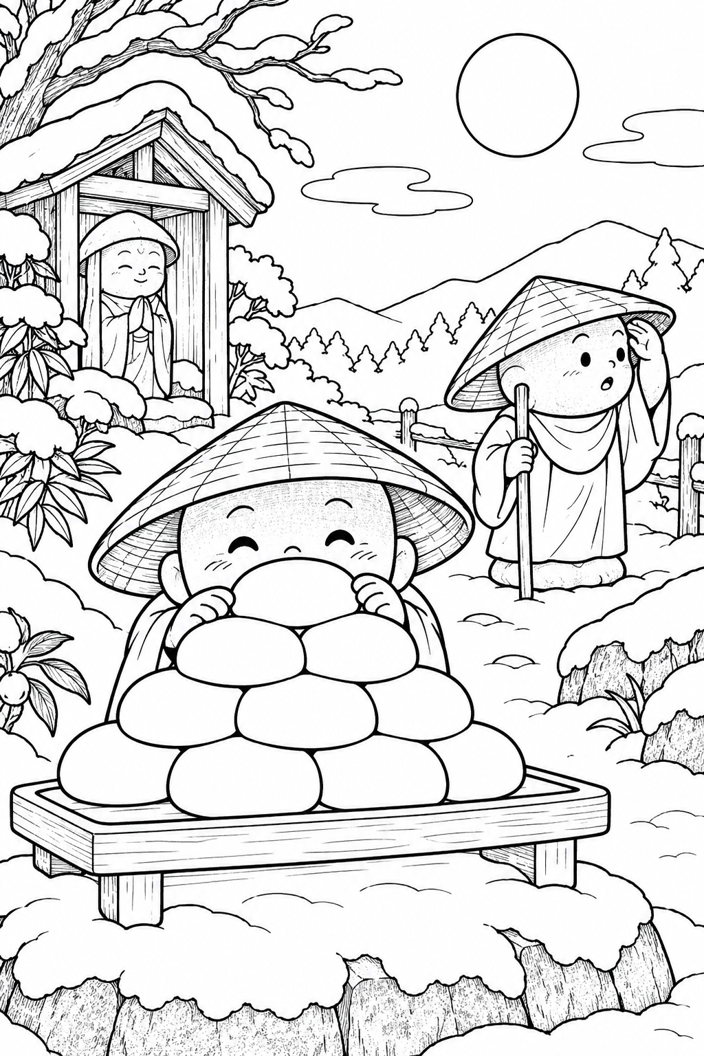 かさじぞう・おもちの山でかくれんぼの塗り絵