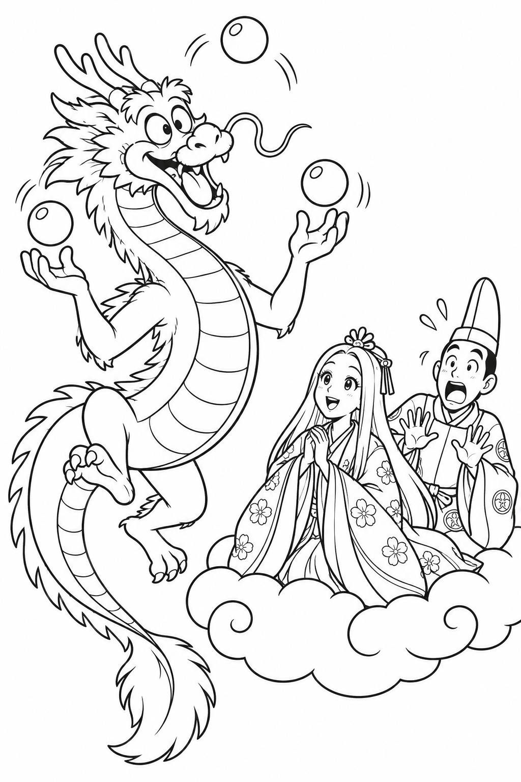 かぐや姫の龍は珠でお手玉中の塗り絵