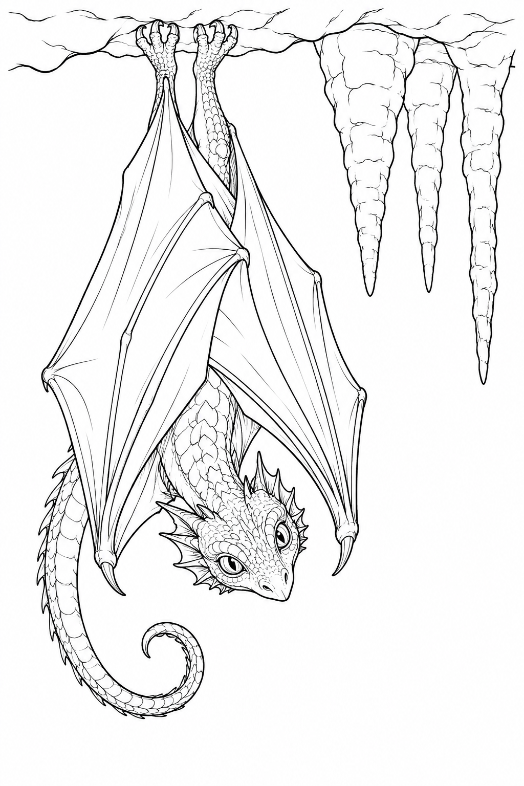 Desenho de Dragão descansando no teto de uma caverna para colorir