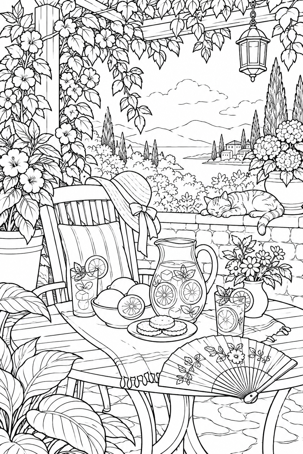夏の庭園のお茶の時間の塗り絵