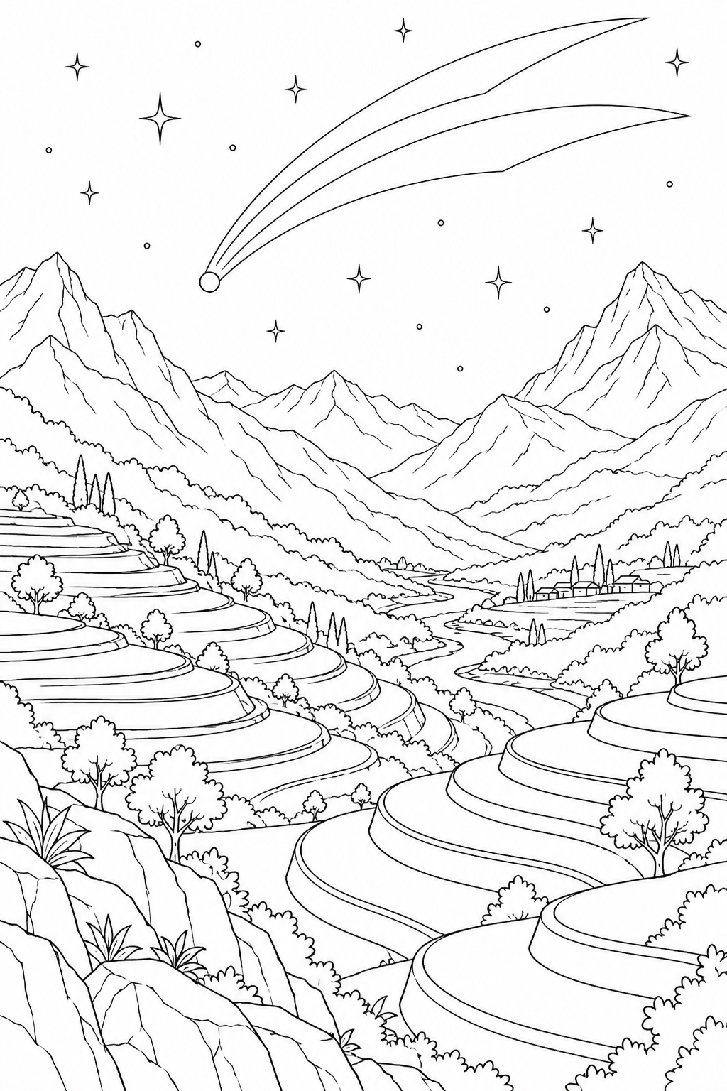 段々畑の谷と尾をひく彗星の塗り絵