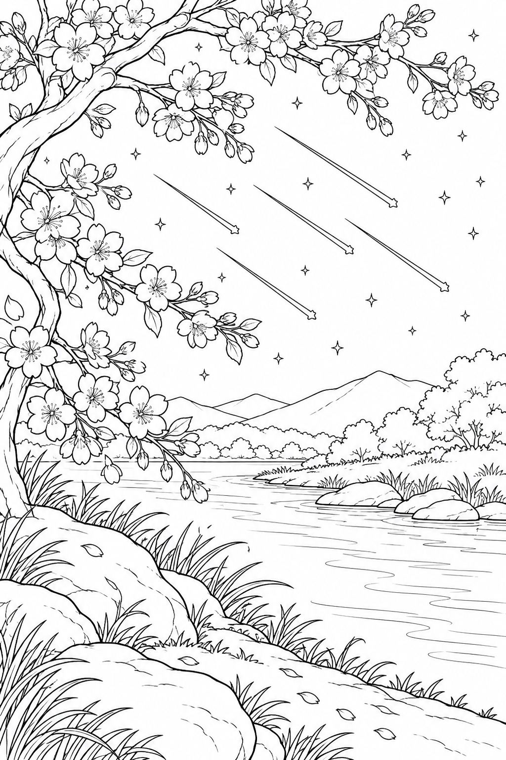 桜の枝と川辺と流星群の塗り絵